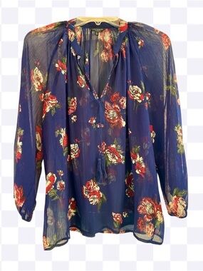 Lucky Brand Blue Floral chiffon fabric red rose Blouse size S, excel condition